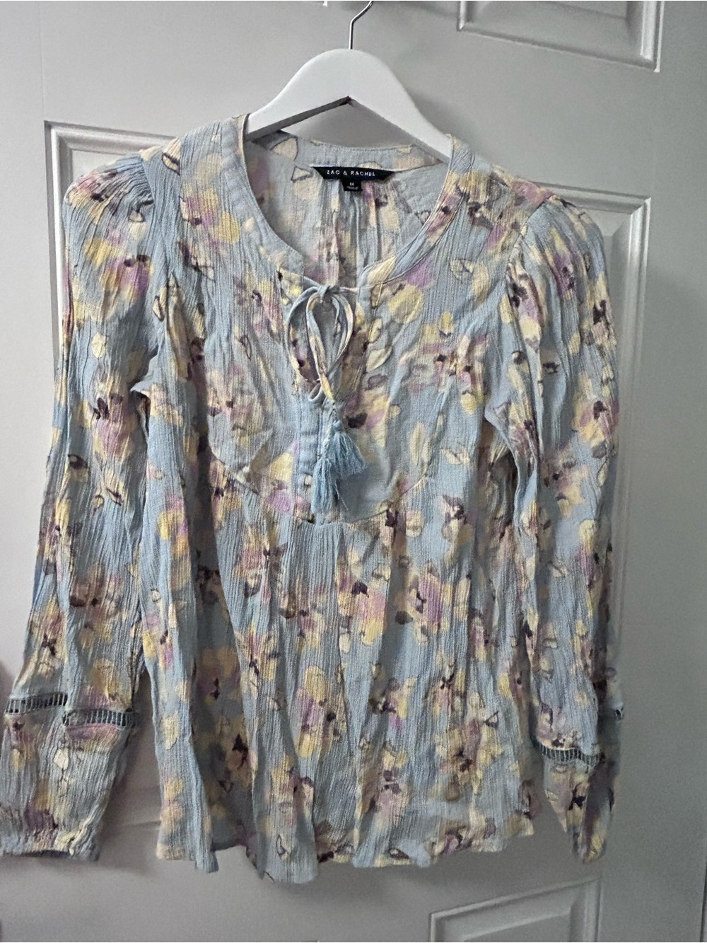 Zac & Rachel Light Blue Floral Tie-Front Peasant Blouse